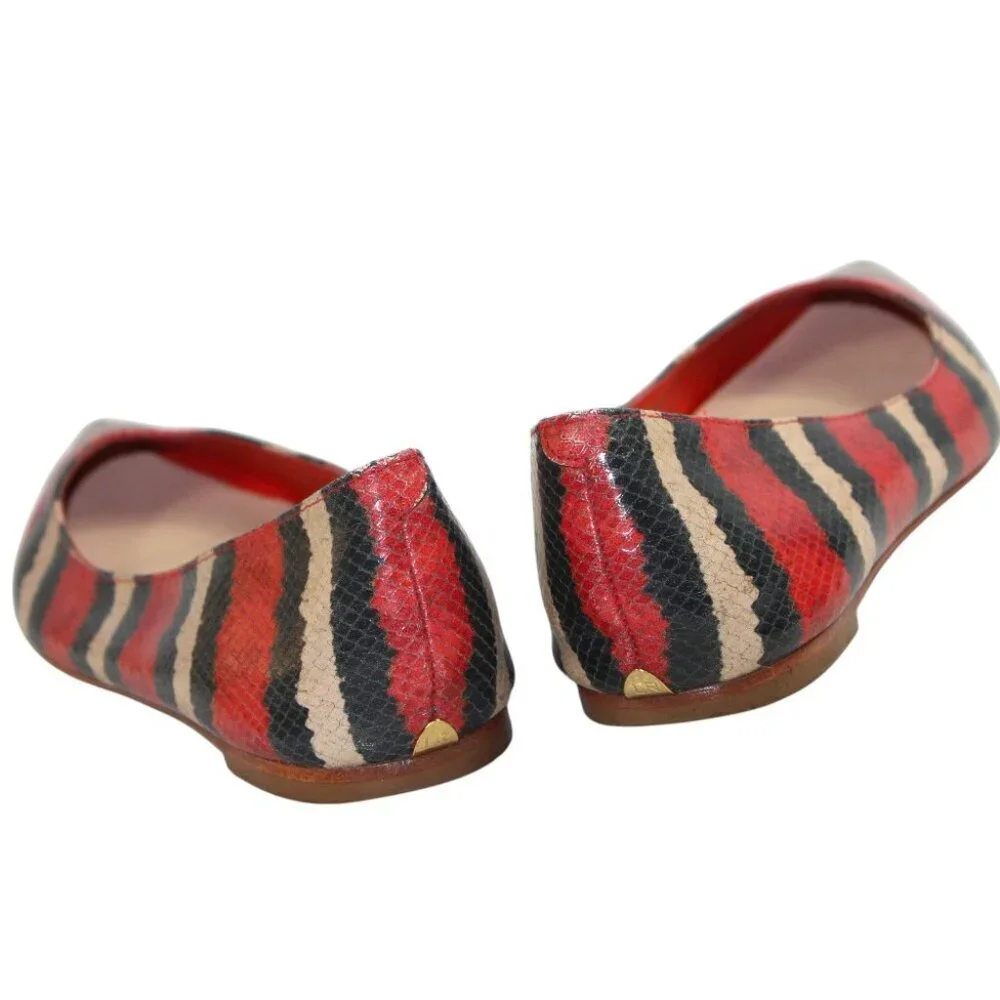 Loeffler Randall Statement Striped Pointed Toe Flats Red Black White Size 6